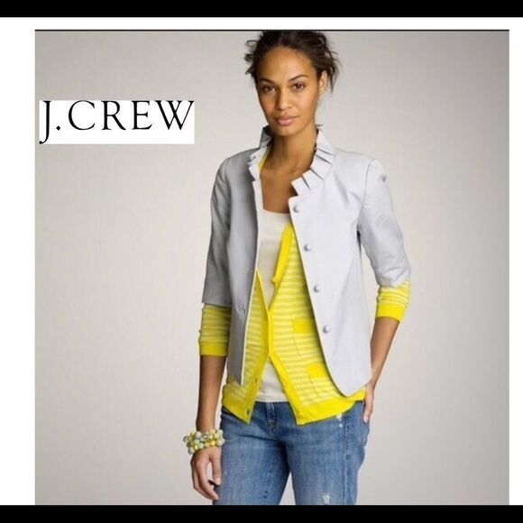J.CREW white cavas atelier swing jacket ruffle collar Sz 2 - Picture 1 of 12